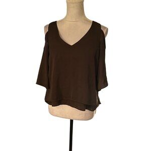 XOXO Womens Olive Green Cold Shoulder Layered Blouse  Lightweight Ruffle Size S